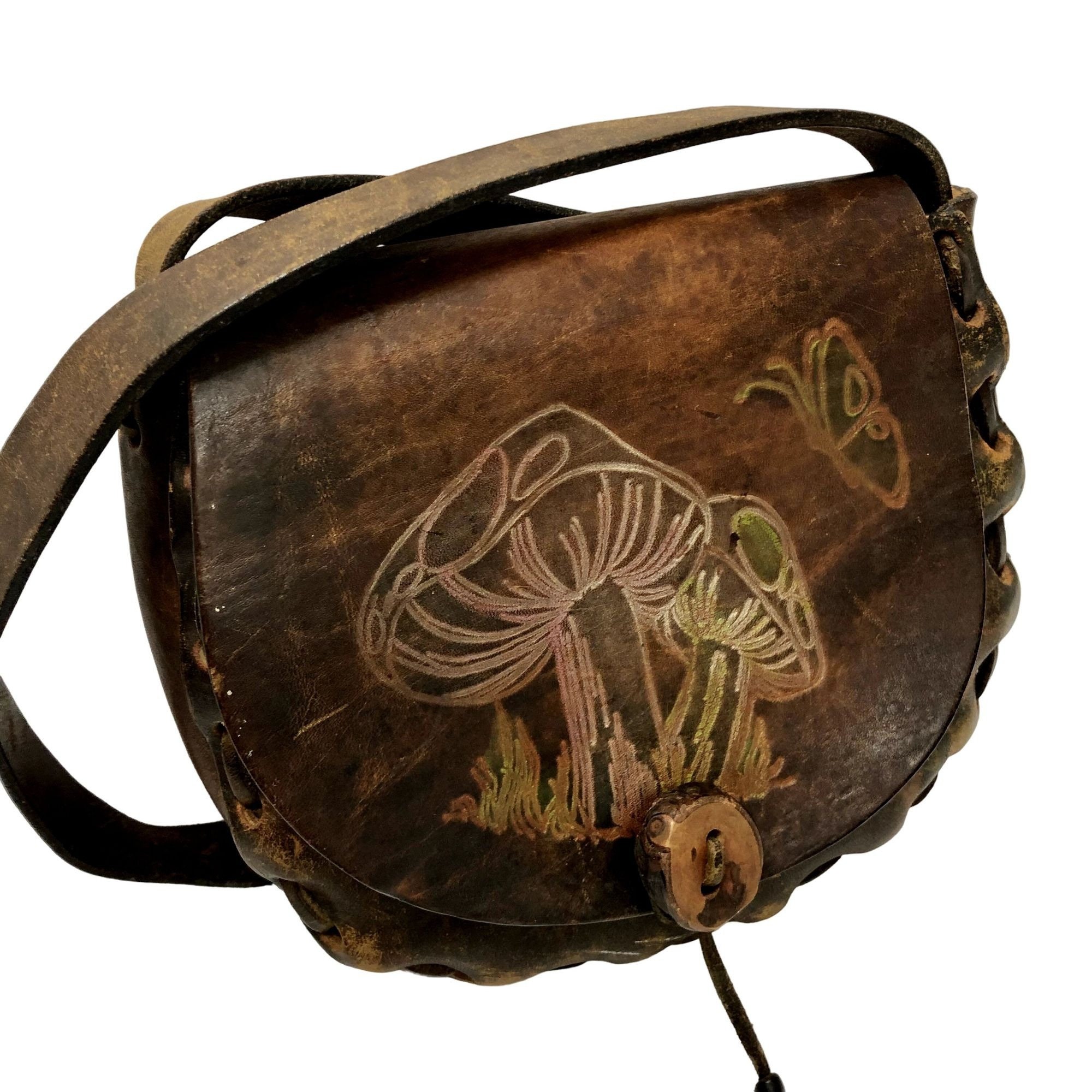 Vtg 70s Hand Tooled Leather MUSHROOM Butterfly Handbag HIPPIE 