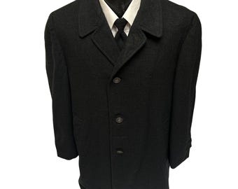 Vintage 60&#39;s Bond Clothes Men&#39;s Charcoal Overcoat Top Coat Lined 1/2 TRENCH Wool TWEED Winter Jacket 44