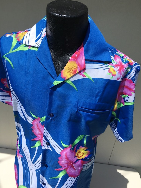 Vintage 50-60's Hilo Hattie Men BLUE Hawaiian PINK Hibiscus FLORAL