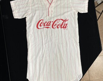 Vintage 80's Coca Cola Red White Baseball Jersey Stripe V Neck Pull Over Night Shirt Gown COKE Pajamas Dress M/L