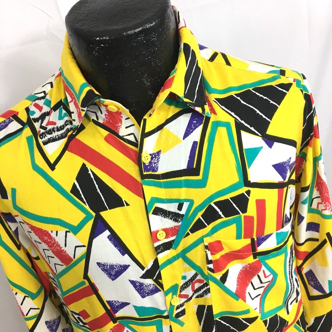 Ms Rafferty Shirt Vintage 80-90's Rafferty Men FRESH Yellow Red FUNKY Abstract GEOMETRIC ...