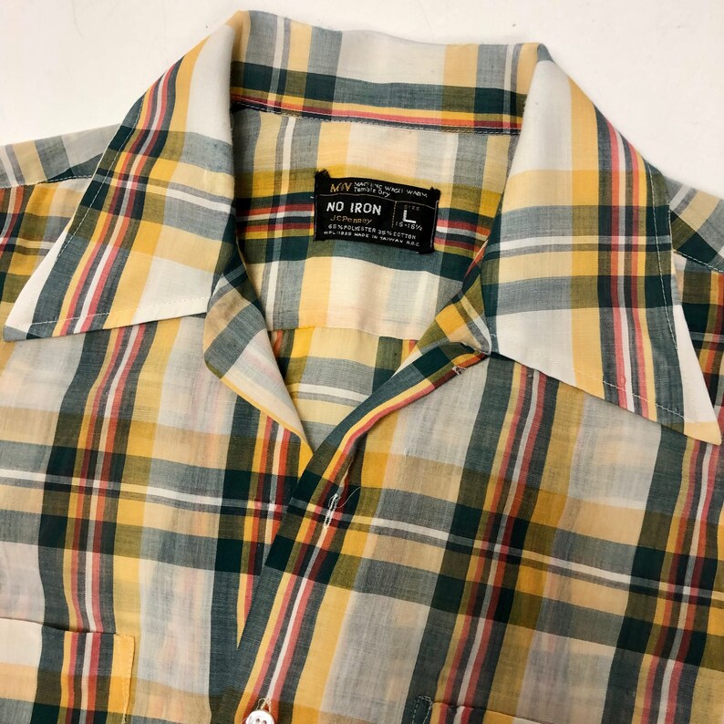 Vintage 50 60's JcPenney Men Yellow Green SHADOW PLAID MoD Short Sleeve Ultra THIN Soft Rockabilly Shirt L image 5