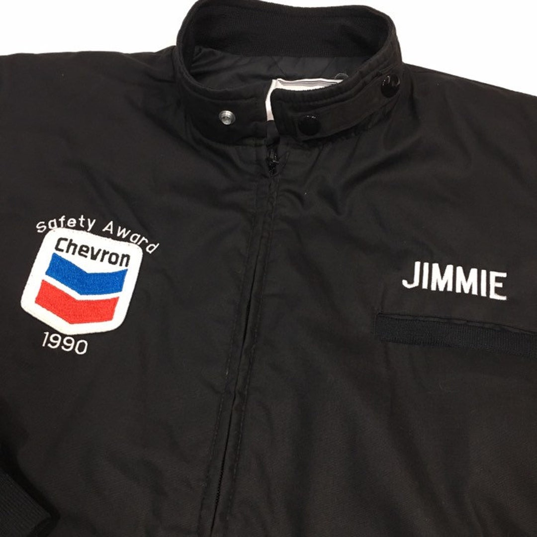 Vintage 1990's Men Black Cafe Racer Bomber CHEVRON Oil Gas SACROC