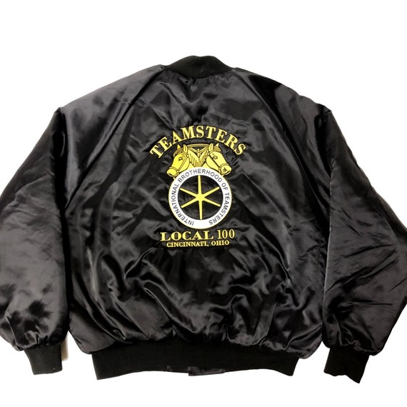 Vintage 80s King Louie Black SATIN Bomber Brotherhood of TEAMSTERS