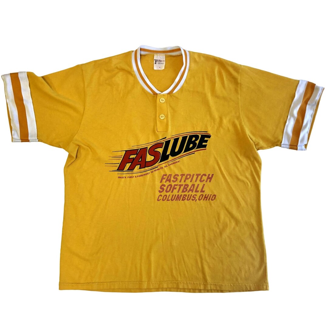 トップス 50s 60s football T shirt Vintage 60s Southland Yellow Athletic Jersey FASLUBE OIL CHANGER
