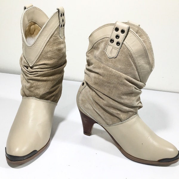 Vintage 80's Kinney Women's BONE Suede Leather Cowboy Western Ankle Western BoHo PIXIE Slouch Boot Heels 5.5 1/2