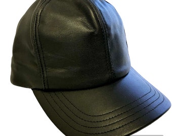 Vintage 90's Henschel Men's Solid Black LEATHER Baseball Cap HiP HoP Streetwear Hat USA Fitted Small S