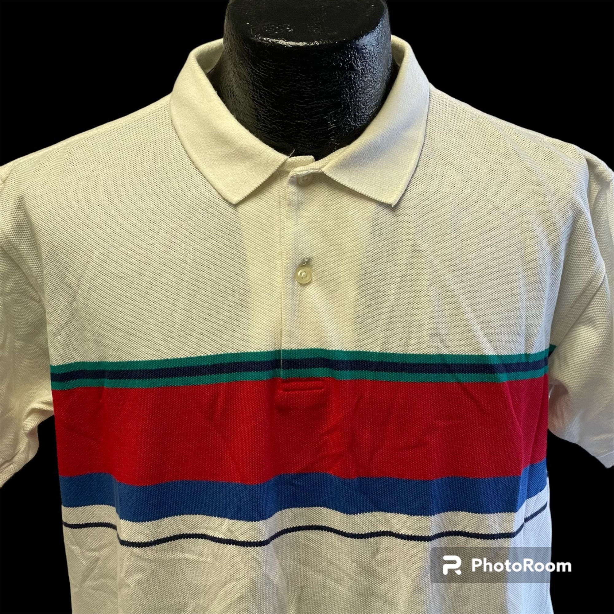 Vintage 80 90's Sears Roebuck Men White Red Stripe POLO Preppy