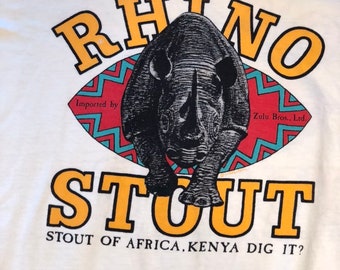 Vintage 80 90's Crazy Shirt FRONT BACK Rhino STOUT Beer Africa Zulu Bros Kenya Dig It Streetwear T Shirt xl
