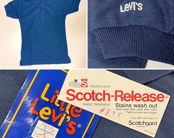 NWT Deadstock Vintage 90's RARE Little Levi's LOGO Kids Child Navy Blue Short Sleeve Stain Proof Polo School Uniform Shirt