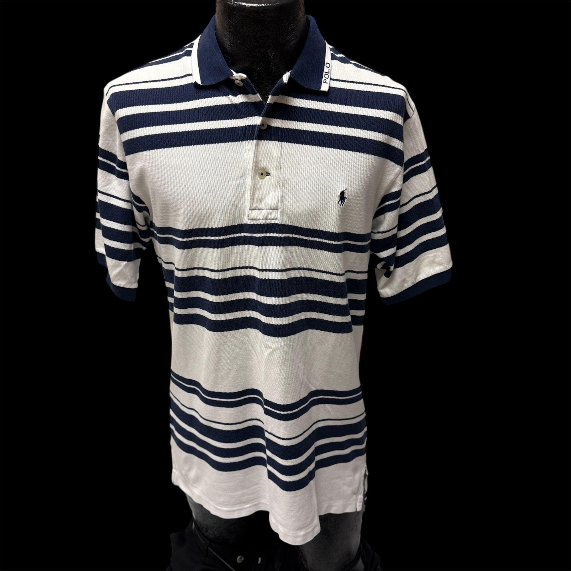 Vintage 90's Y2K Ralph Lauren Men's White Blue STRIPE Polo