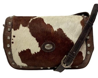 Vintage The American West Cowhide PONY HAIR Shoulder Bag Leather WESTERN Studded Crossbody Purse