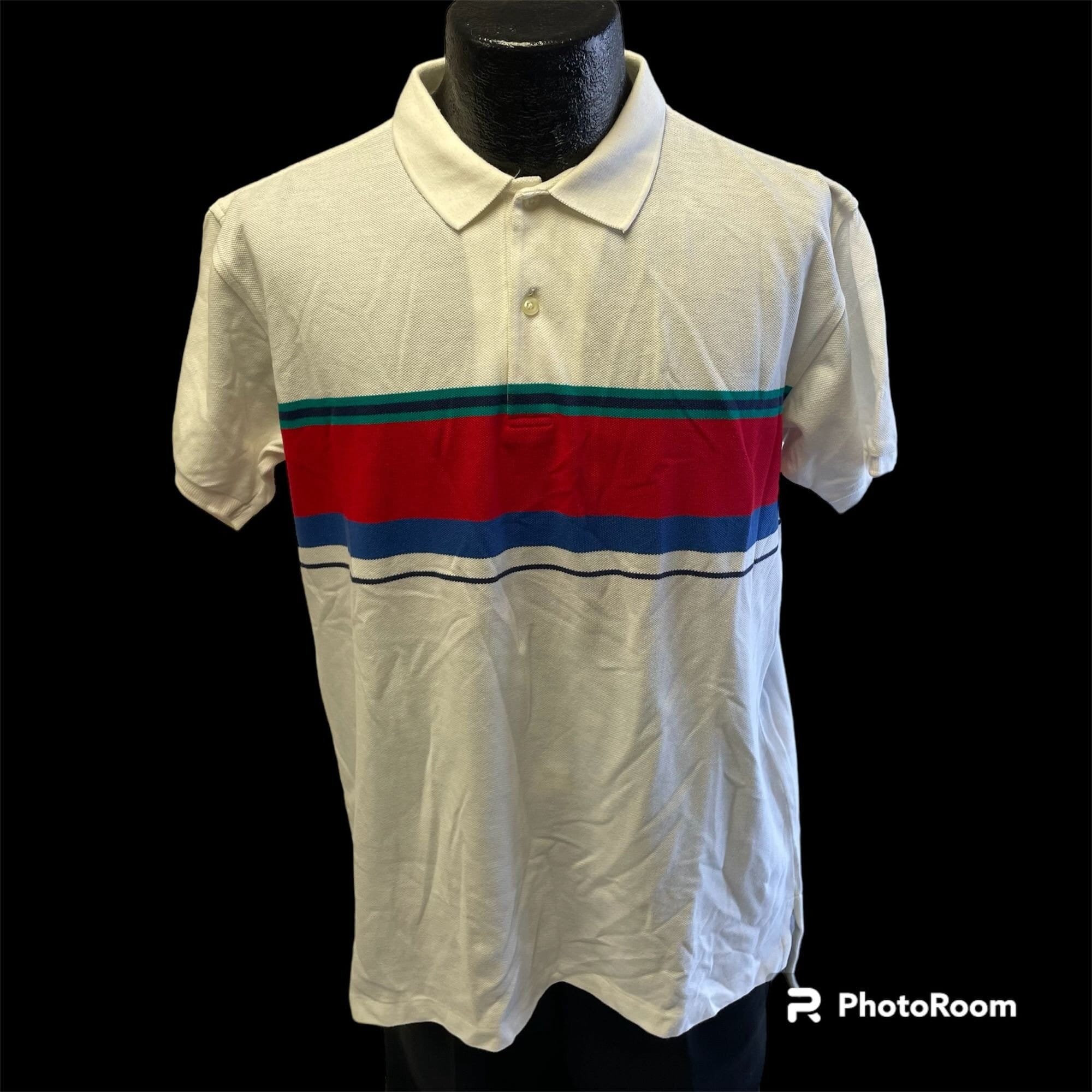 Vintage 80 90's Sears Roebuck Men White Red Stripe POLO Preppy