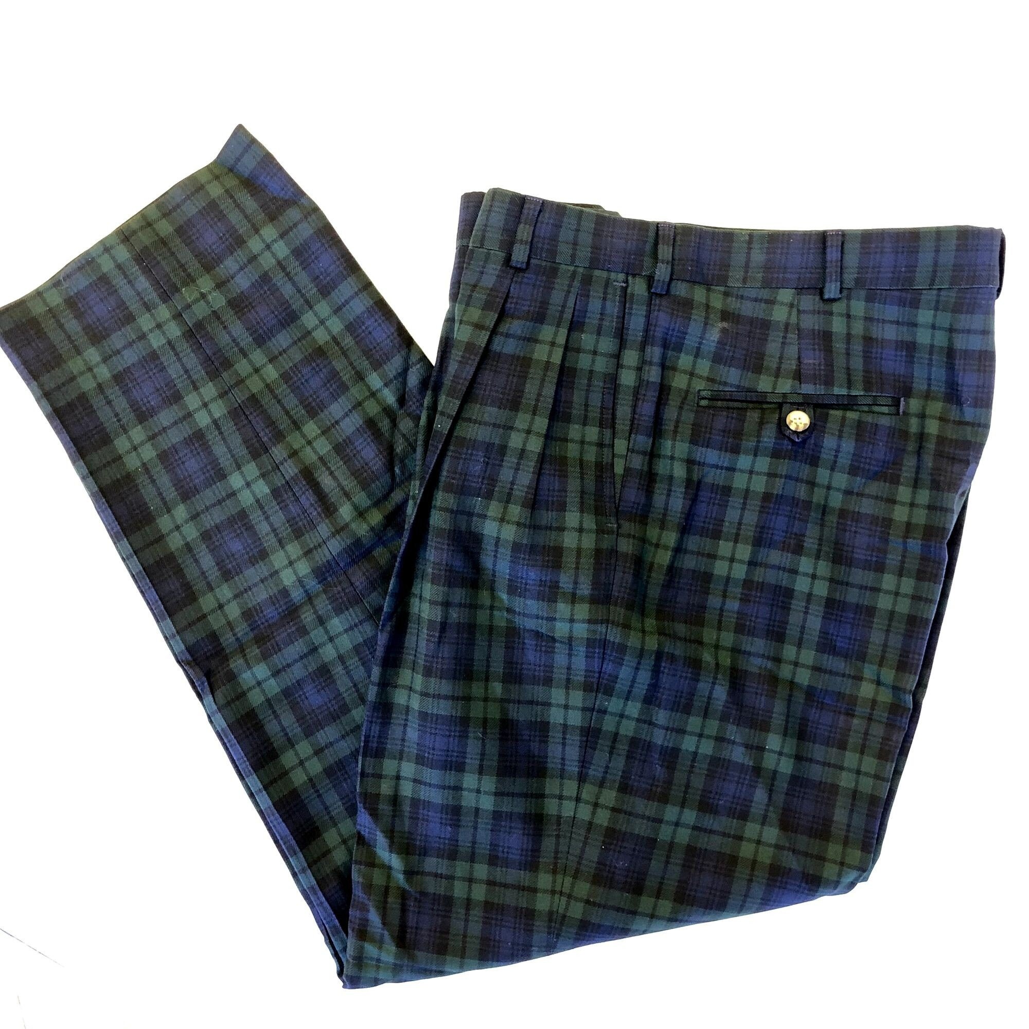 【70s】Euro Vintage BlackWatch Trousers Mens 60s 70s Vintage Retro Blackwatch Tartan Plaid Bell