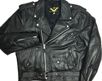 Vintage Vtg 80's Phoenix Men BLACK Leather MOTORCYCLE Riding Rockabilly BOBBER Jacket D-Pocket Biker Coat 48