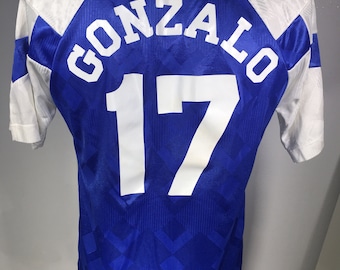 Vintage 80 90's Umbro Men SHINY Blue Argyle Satin Soccer Jersey