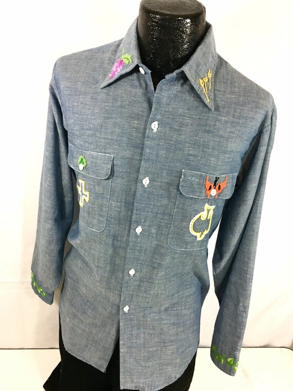 Vintage Jcpenney Big Mac Men EMBROIDERED Mod Hippie SUNSET Chambray 50 50 Shirt L Etsy
