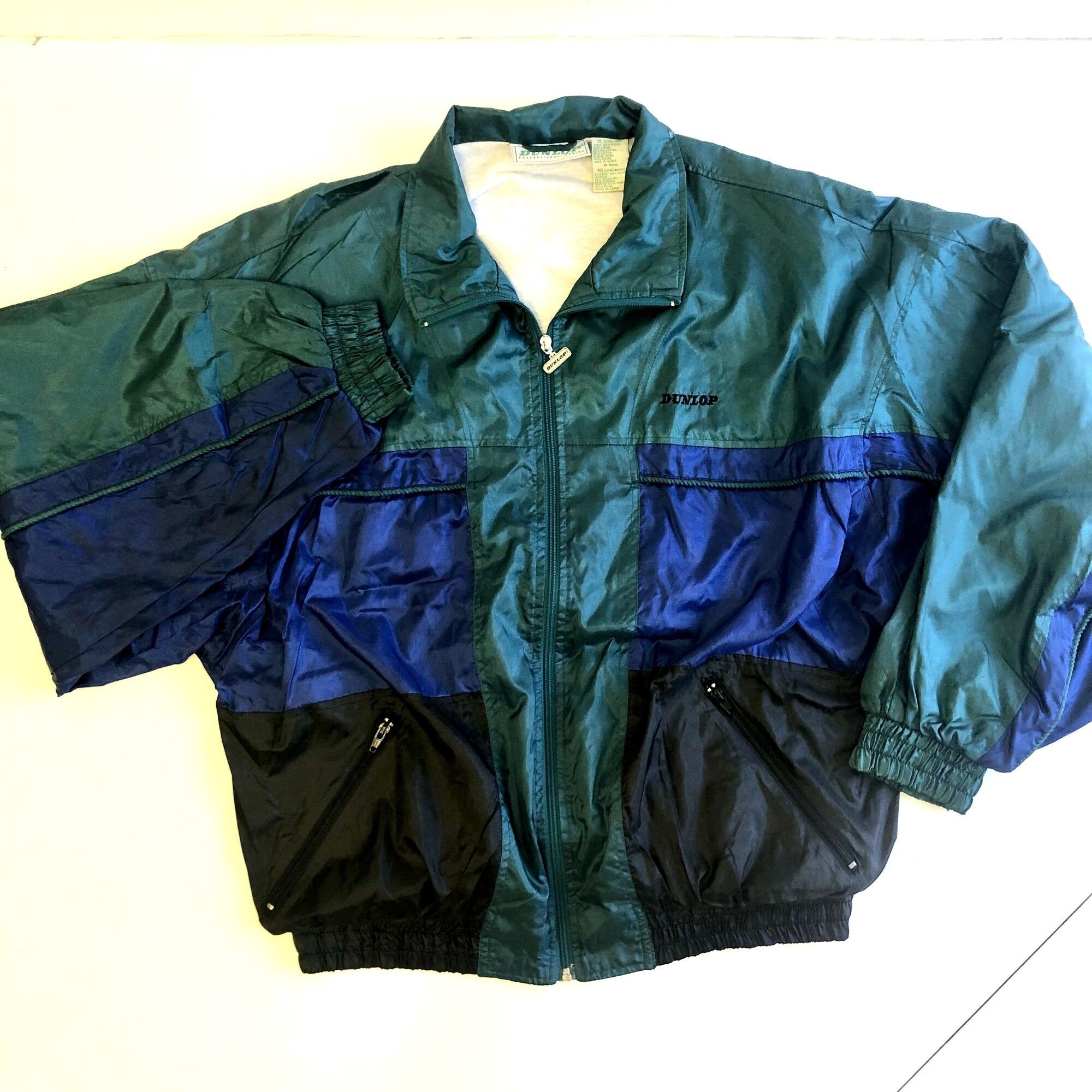 Vintage 80 90's Dunlop SHINY Green COLOR BLOCK Nylon Windbreaker