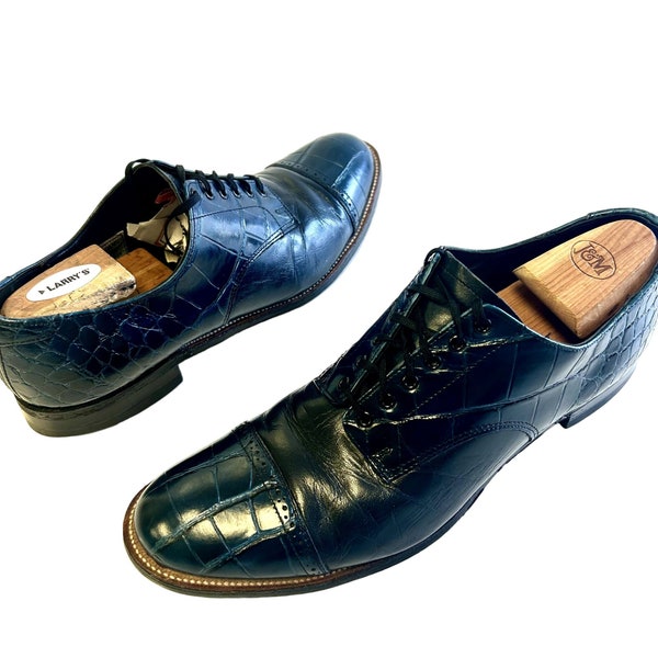 Vintage Stacy Adams Men's Blue ALLIGATOR Print Leather Dress Shoe CAP TOE Oxfords 10.5 1/2 D
