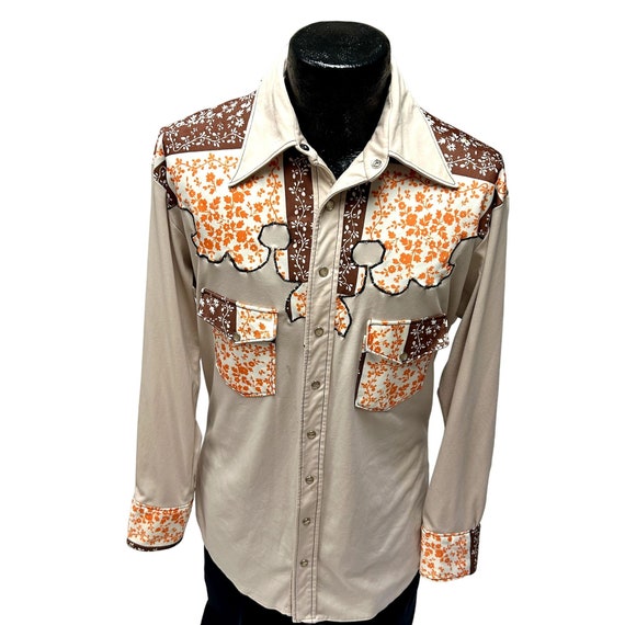 Vintage 70's Men's Beige Orange FLORAL Cowboy Wes… - image 3