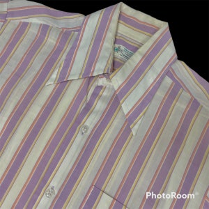 Vintage 70&#39;s Men Purple Gold Stripe SANFORIZED Button Down MoD Butterfly Collar Dress Shirt M