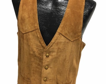 Vintage David James Men Brown Heavy SUEDE Cowboy Western Leather Waistcoat Motorcycle Biker Vest 40 L