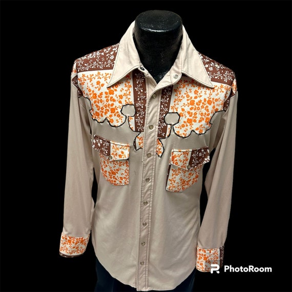 Vintage 70's Men's Beige Orange FLORAL Cowboy Wes… - image 1