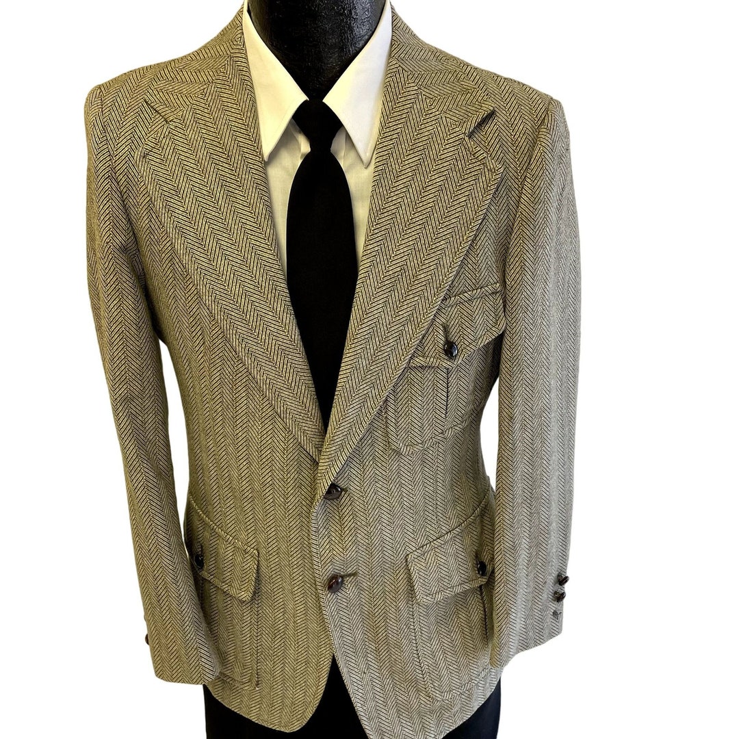 Vintage 70's Towncraft Men Olive Blue HERRINGBONE Sport Coat ACTION ...