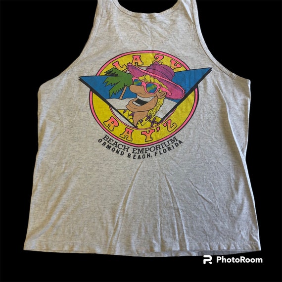 Vintage 90's Anvil Heather Tank Top NEON Beach Em… - image 3