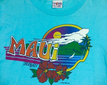 Vintage 80's Poly Tees Men's Aqua Blue MAUI HAWAII Island Surf Sunset 1984 Surfer Tropical Flowers Beach T-Shirt L Lg