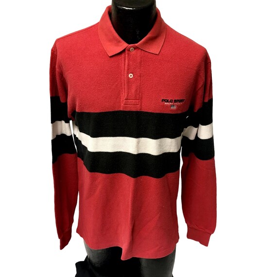 Vtg 90's Ralph Lauren Men Red Stripe POLO Sport FLAG Logo Long