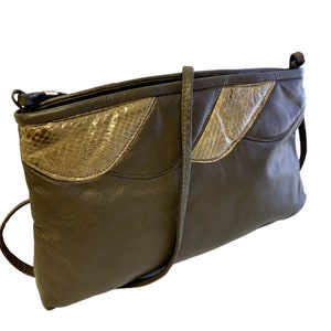Vintage 80's Handi gris taupe cuero bolso de mano ART DECO bolso de hombro de piel de serpiente