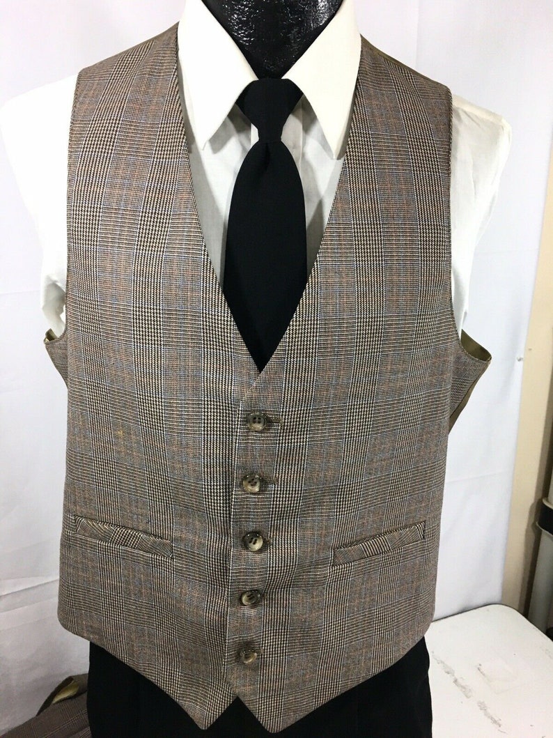 3 pc Vintage 60/'s Palm Beach Men Brown Houndstooth GLEN PLAID Wool Bankers Suit 40 R /& Vest Trousers Pants Slacks 3630