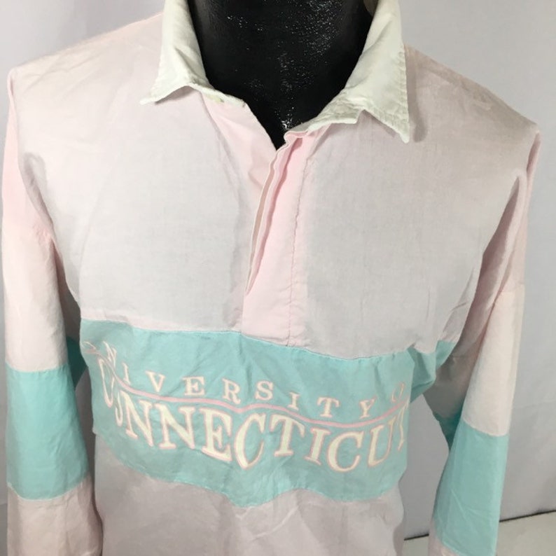 Vintage 80/'s 90/'s Jansport Men Pastel PINK Blue University of Connecticut Pull Over Polo Shirt XL
