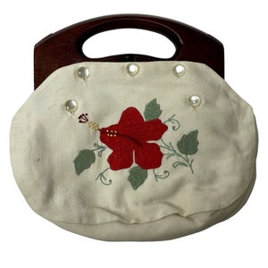 Bolso de mano vintage HA&E Smith de los años 50 con flores hibiscus bordadas y asa de madera, pequeño monedero floral
