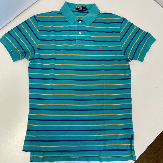Vintage 90s Ralph Lauren Men Aqua Blue Preppy Stripe Polo Logo