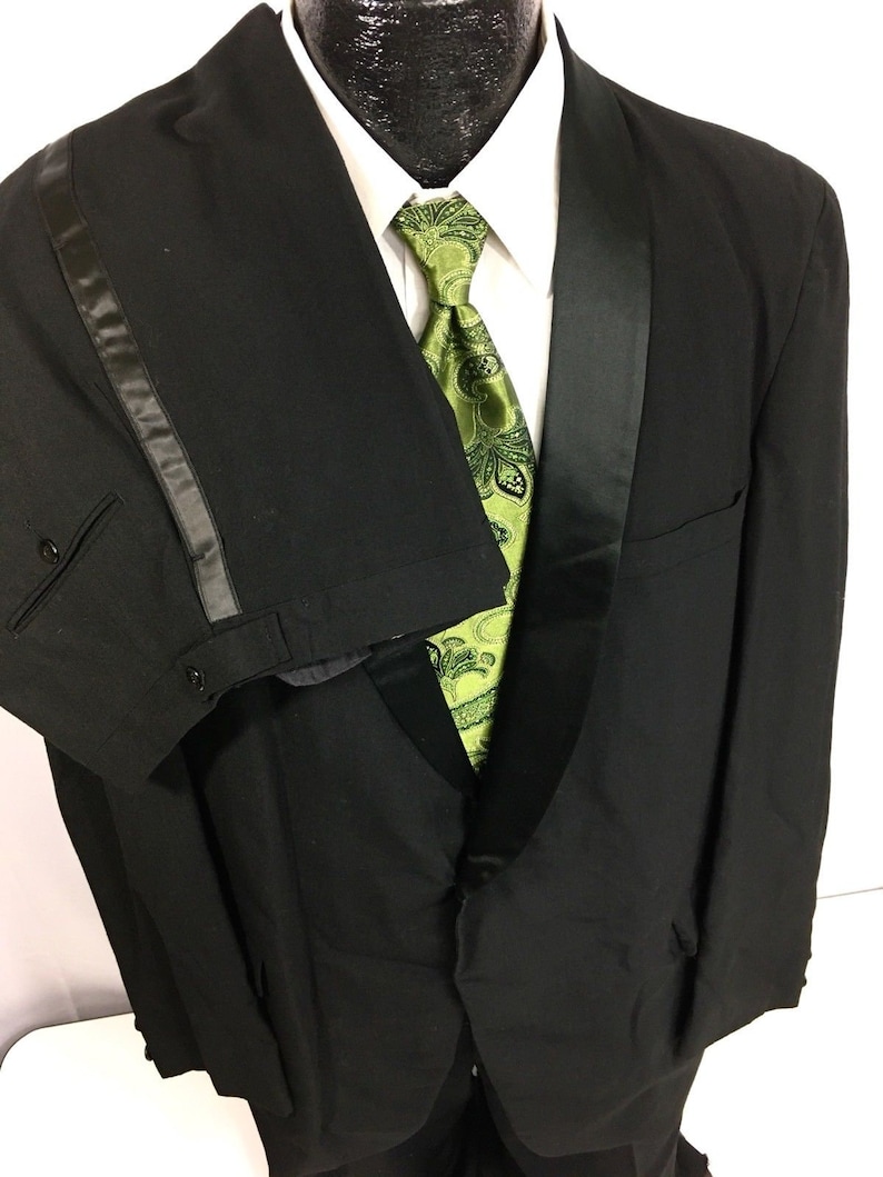 mj Vtg Vintage 50/'s Men Black ROCKABILLY Tux Satin Shawl Collar Wool Prom Formal Wedding Tuxedo SMOKING Suit 42 R 2928