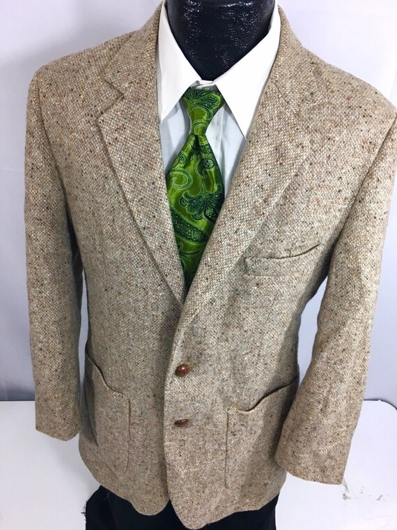Vintage 50 S Carter Men Brown Donegal Tweed Sport Coat Leather Elbow Patch Jacket Hunting Shooting Gentlemans Wool Blazer 38