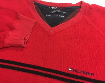 Vintage Tommy Hilfiger Men RED Ribbed Pull Over V-Neck Cotton Soft Fleece Jumper FLAG Logo Shirt HiP HoP Sweater 2XL xxl