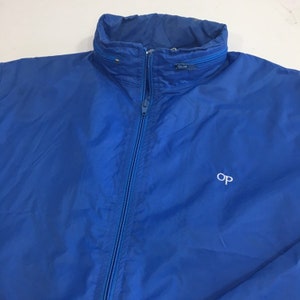Chaqueta cortavientos con capucha y logotipo OP para navegación a vela de nailon azul Ocean Pacific para hombre, estilo vintage de los años 80, talla M