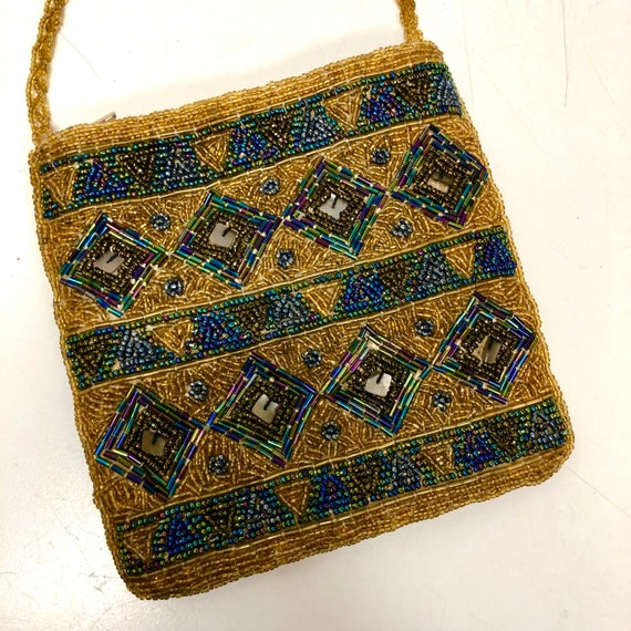 Vintage 50 60’s Gold GLASS Beaded Hand Bag GEOMET… - image 2