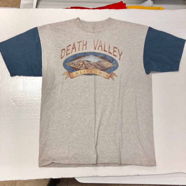 Vintage 80-90's Prairie Mountain Men Heather Gray DEATH VALLEY California Blue Ringer Single Stitch Graphic T-Shirt xl