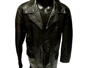 Vintage 70's Men's BLACK Leather Sport Coat Carcoat Jacket MoD Retro GENTLEMAN'S CLUB Blazer 46 L