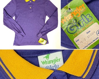 NWT Vintage 70 80's Wrangler Girls Purple Long Sleeve Amarillo RINGER Polo 50/50 Camisa M 10-12
