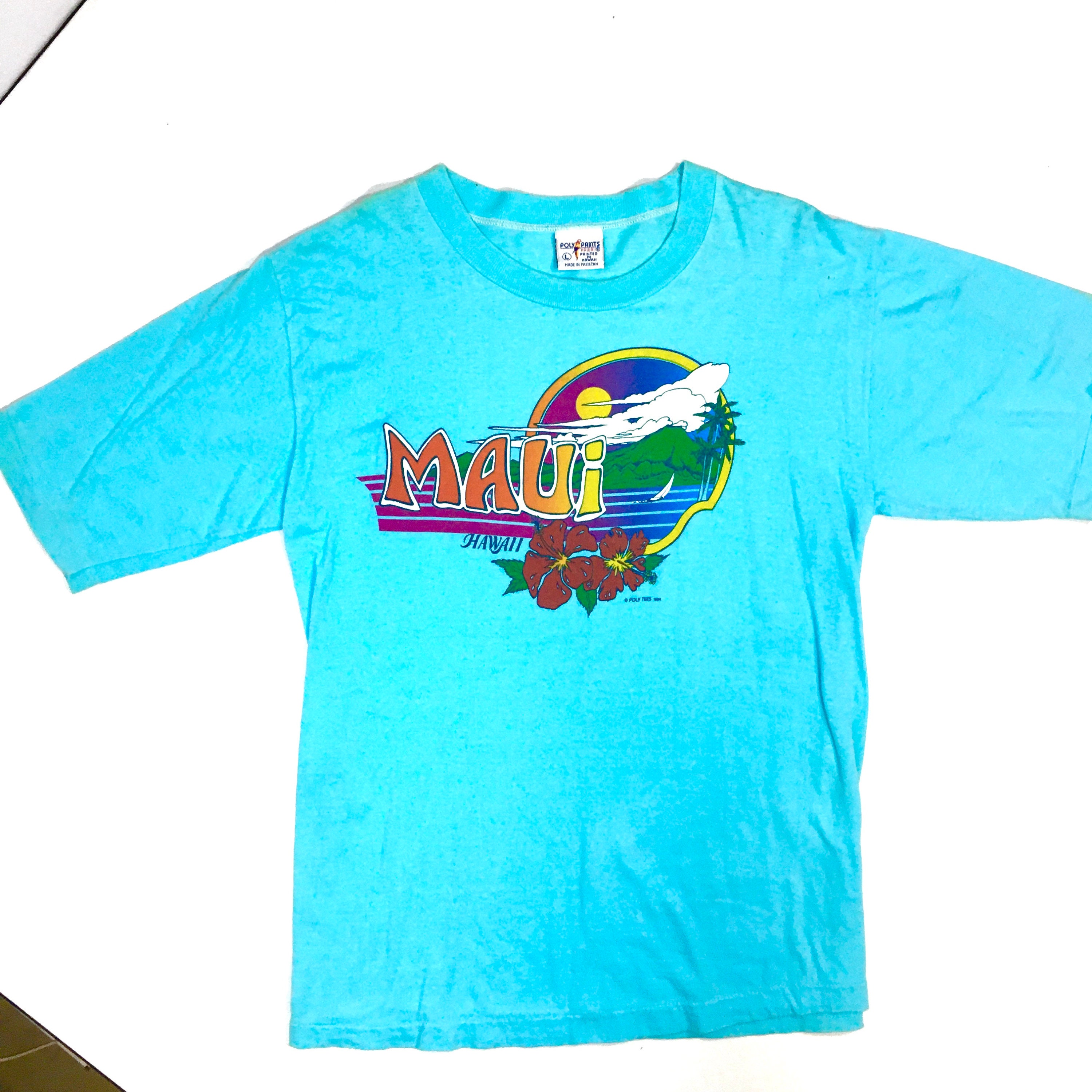 Vintage 80's Poly Tees Men's Aqua Blue MAUI HAWAII Island