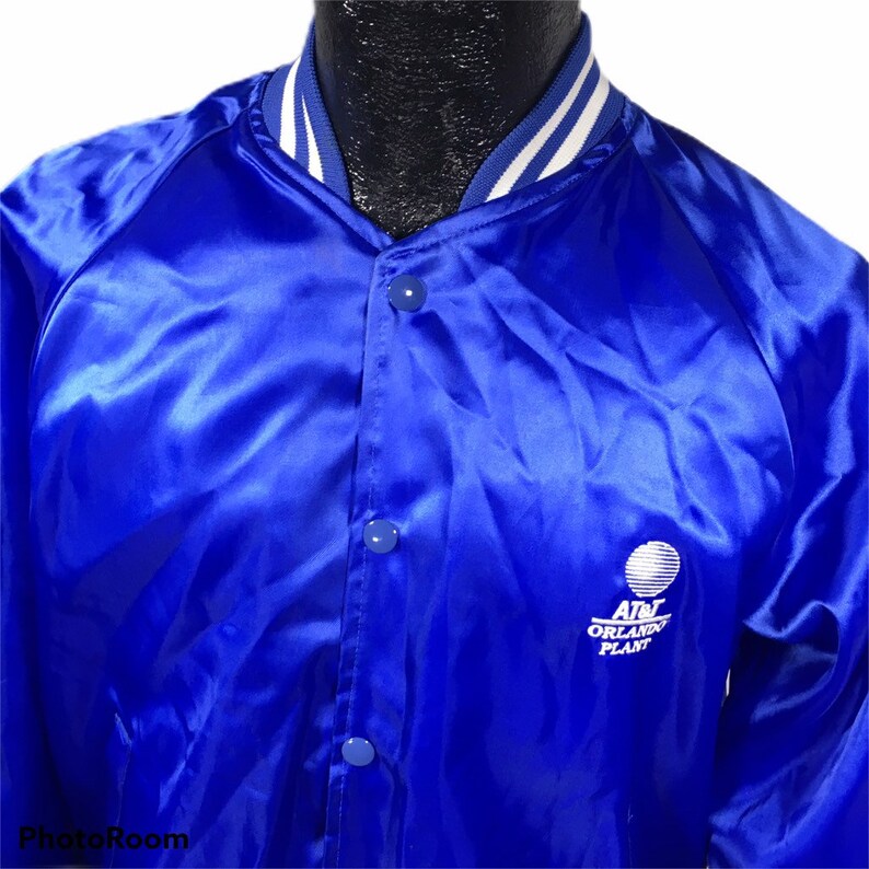 NOS New Vintage 80's Hartwell Men Shiny Blue Nylon Windbreaker AT&T Oralndo shops SATIN Jacket M 40