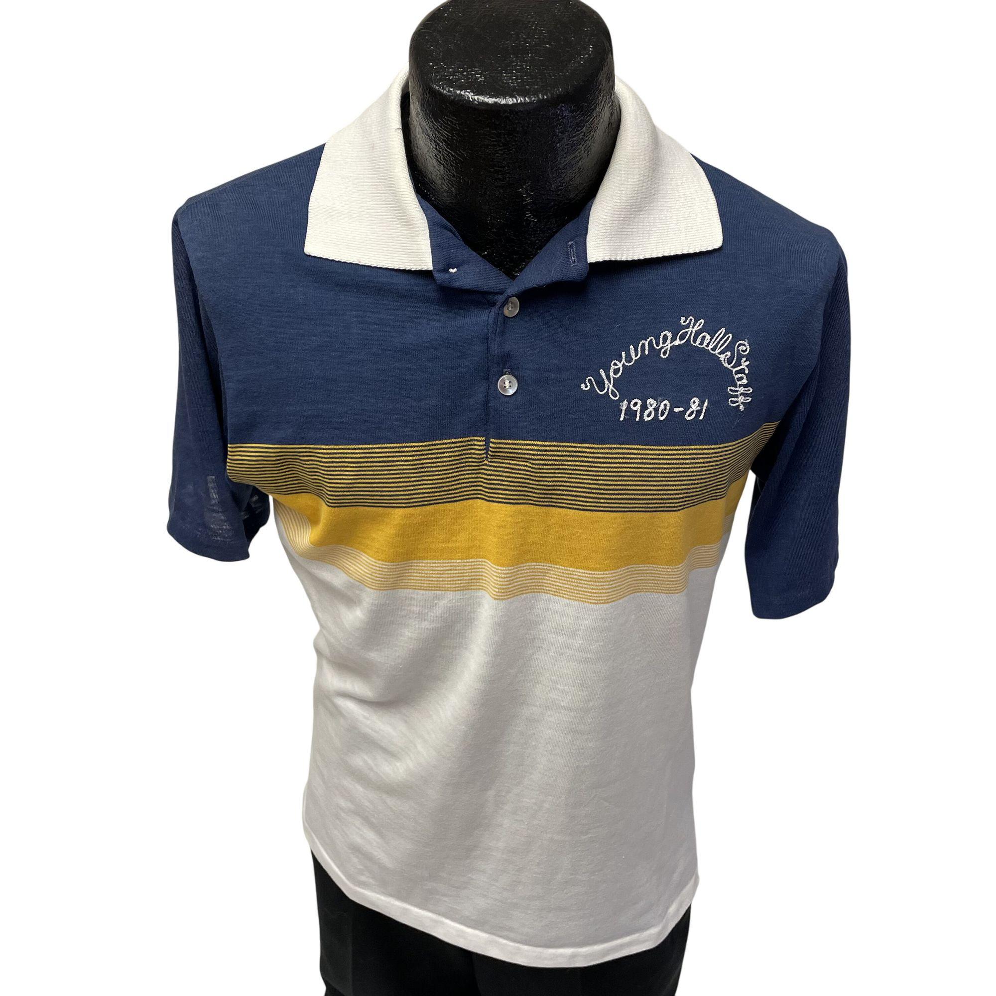 Vintage 80's Men's Blue White CHAIN STITCH 1981 Polo Yellow Stripe