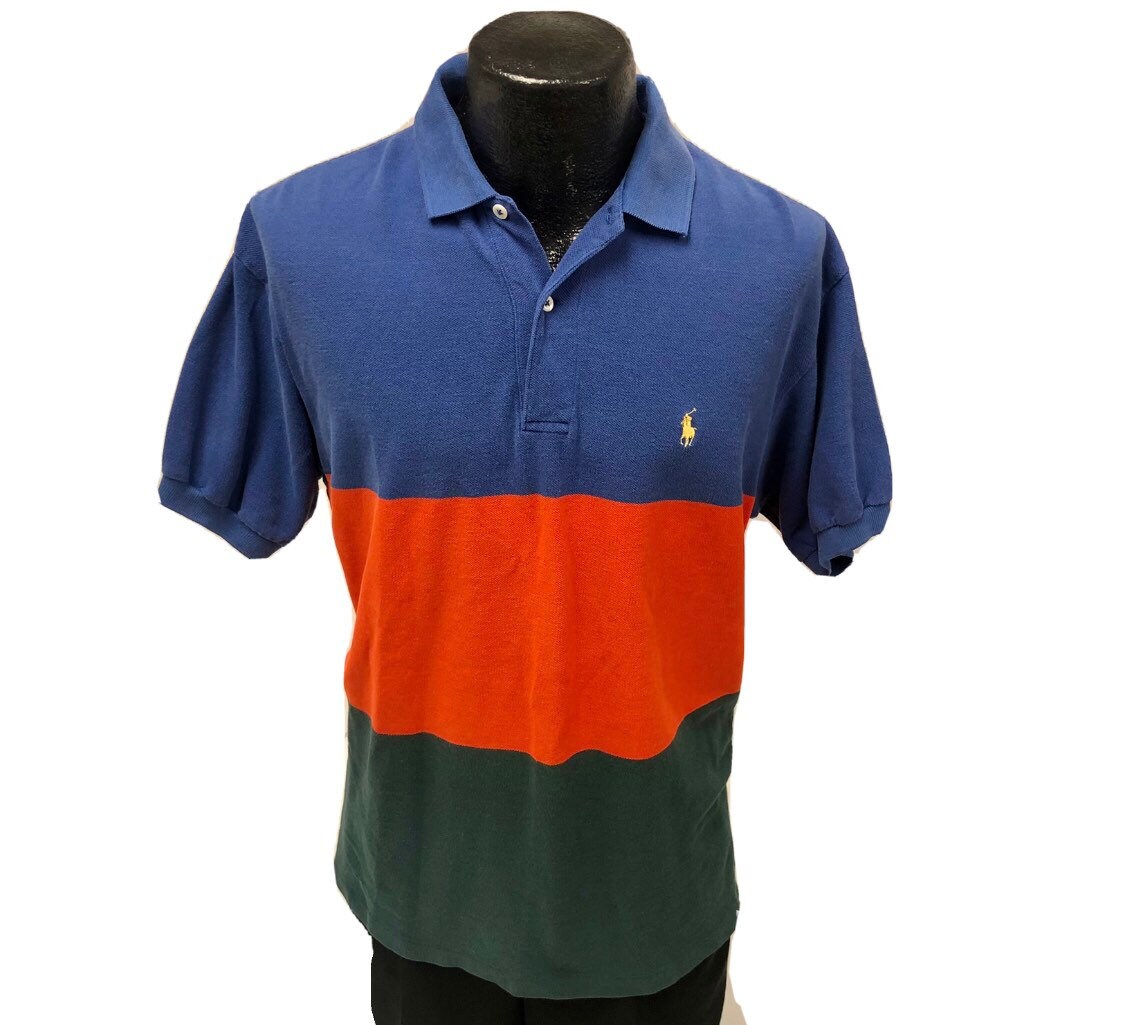 Vtg 90's Ralph Lauren USA Blue Orange Green COLORBLOCK Polo Logo