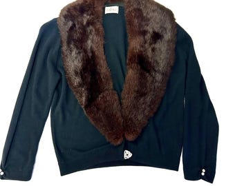 Vintage 50's Orlon Black Cardigan MINK FUR Shawl Collar Jeweled Clasp Sweater S/M