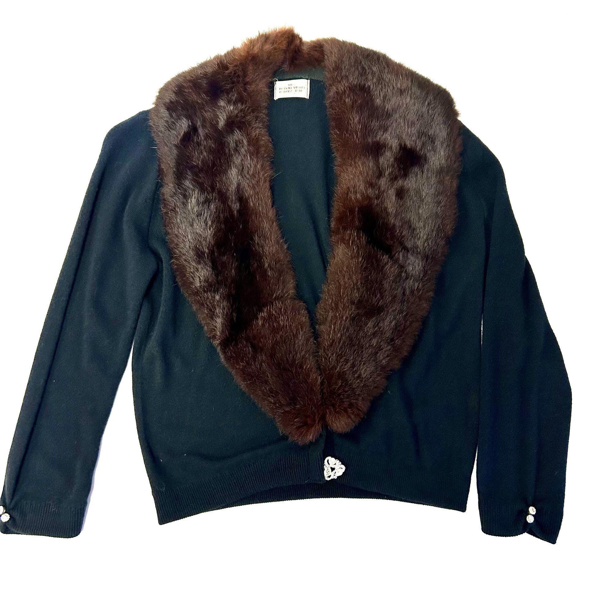 Vintage 50's Orlon Black Cardigan MINK FUR Shawl Collar Jeweled